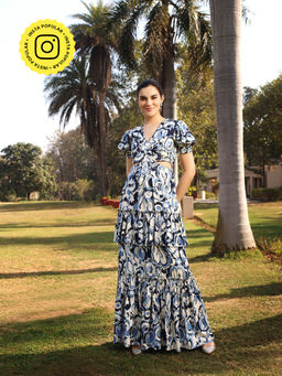 Gauri Designer Apparels - Blue Printed Maxi Dress