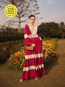 Gauri Designer Apparels - Burnt Burgundy Embroidered- Lace Work Dress