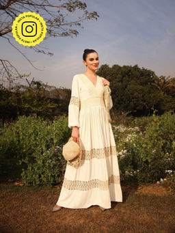 Gauri Designer Apparels - Off White Embroidered- Lace Work Dress