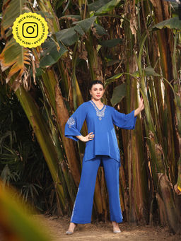 Gauri Designer Apparels - Suhaana Blue Floral Embroidered Co-Ord (Set of 2)