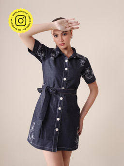 Gauri Designer Apparels - Blue Denim Embroidered Mini Dress with Belt (Set of 2)