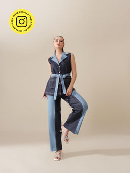 Gauri Designer Apparels - Blue Double Shade Denim Co-Ord (Set of 3)