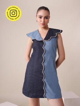 Gauri Designer Apparels - Blue Two Tone Scallop Mini Dress