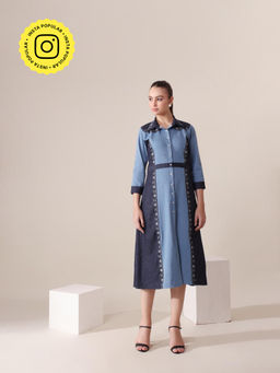 Gauri Designer Apparels - Blue Two Tone Denim Dazzle Midi Dress
