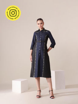 Gauri Designer Apparels - Blue Two Tone Denim Dazzle Midi Dress