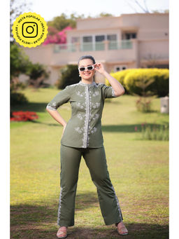 Gauri Designer Apparels - Ella Embroidered Olive Co-Ord (Set of 2)