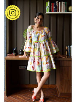 Happi Space - Bubble-gum Knee Length Dress In Eden Print-multi-color