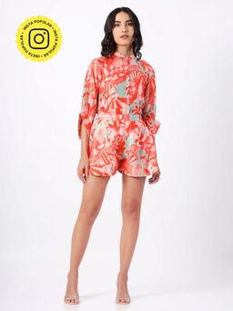 House of Soi - Green & Orange Printed Shorts Co-ord (Set of 2)