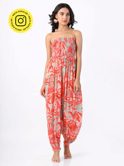 House of Soi - Orange Off Shoulder Printed Jumpsuit