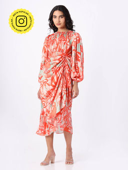 House of Soi - Orange and Green Roached Midi Dress
