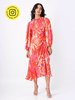 House of Soi - Orange and Pink Roached Midi Dress