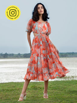 House of Soi - Blue And Orange Printed Tier Midi Dress