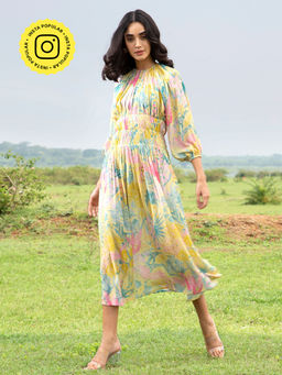 House of Soi - Yellow Sage Printed Midi Dress