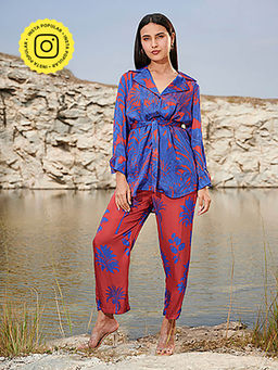 House of Soi - Frosted Printed Top & Pant Co-Ord with Belt (Set of 3)
