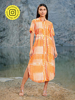 House of Soi - Orange Printed Audrey Dress with Belt (Set of 2)