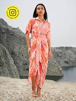 House of Soi - Orange & Pink Printed Sonia Dress with Belt (Set of 2)