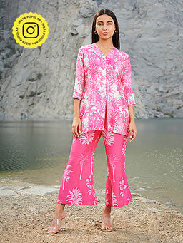 House of Soi - Pink Tangerine Printed Top & Pant Co-Ord (Set of 2)