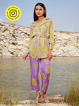 House of Soi - Purple & Green Frosted Printed Shirt with Pant Co-Ord with Belt (Set of 3)