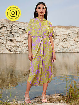 House of Soi - Purple & Green Audrey Printed Dress with Belt (Set of 2)