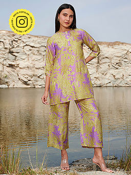 House of Soi - Purple & Green Iris Printed Top & Pant Co-Ord (Set of 2)