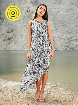 House of Soi - House Od Soi Black Pintuck Printed Asymmetric Dress