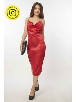 How When Wear - Red Satin Cowl Neck Midi Dress