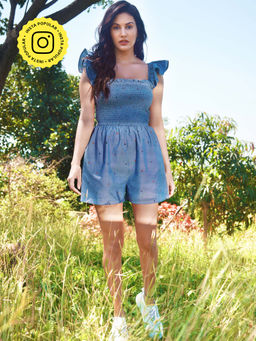 How When Wear - Blue Denim Frill Shoulder Playsuit
