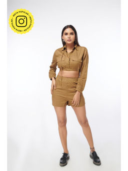 How When Wear - Brown Crop Buttoned Cargo Top
