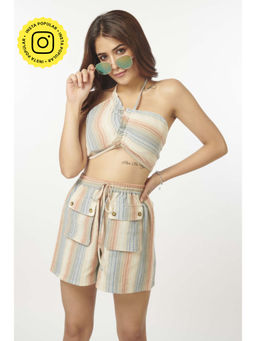 How When Wear - Beige Textured Stripe Button Shorts