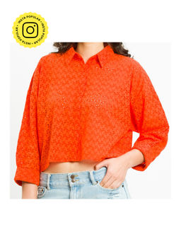 How When Wear - Red Floral Broderie Crop Shirt