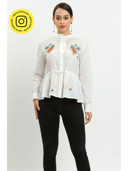 How When Wear - White Cotton Vintage Cross Stitch Embroidery Blouse