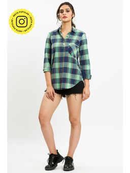How When Wear - Green Check Shirt With Collar Embroidery