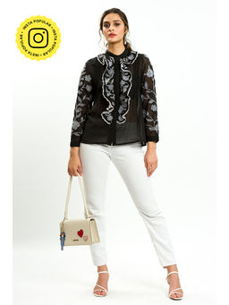 How When Wear - Black Georgette Frill Top With Floral Embroidery