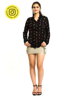 How When Wear - Black Cheesecloth Shirt With All Over Floral Embroidery