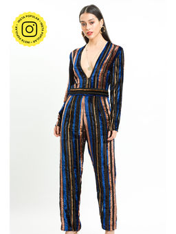 How When Wear - Multi Velvet Stripe Plunge Neck Jumpsuit
