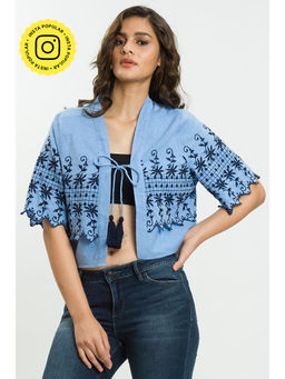 How When Wear - Blue Tassel Jacket With Embroidery And Tie Detail