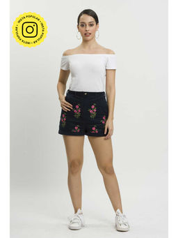 How When Wear - Black Corduroy Embroidered Shorts