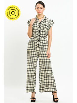 How When Wear - Cream Black Gingham Check Front Button Jumpsuit