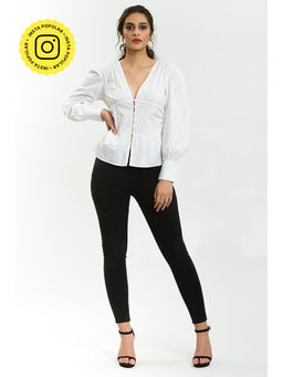 How When Wear - White Cinched Waist Poplin Top
