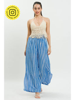 How When Wear - Blue Stripe Trousers With Side Slit Details