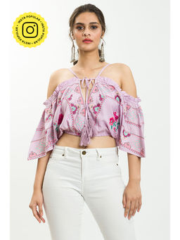 How When Wear - Lavender Off Shoulder Top With Embroidery