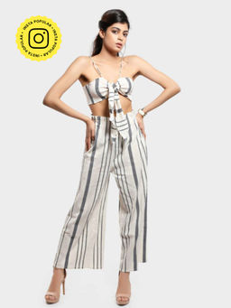 How When Wear - Beige Linen Stripe Paperbag Trousers