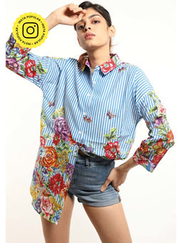 How When Wear - Blue Floral Stripe Printed Shirt