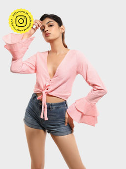 How When Wear - Neon Pink Stripe Frill Tie Blouse