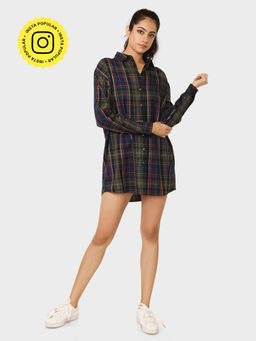 How When Wear - Dark Navy Check Shirt Dress