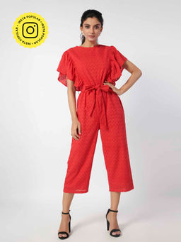 How When Wear - Red Broderie Frill Shoulder Jumpsuit
