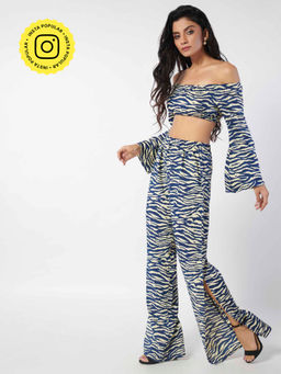 How When Wear - Navy Blue Printed Slit Hem Pants