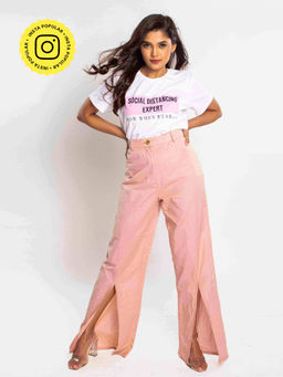 How When Wear - Pink Linen Front Slit Pants