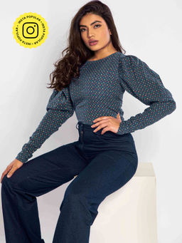 How When Wear - Navy Blue Dobby Puff Sleeve Top