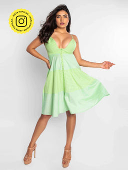 How When Wear - Green Mix Match Front Button Dress